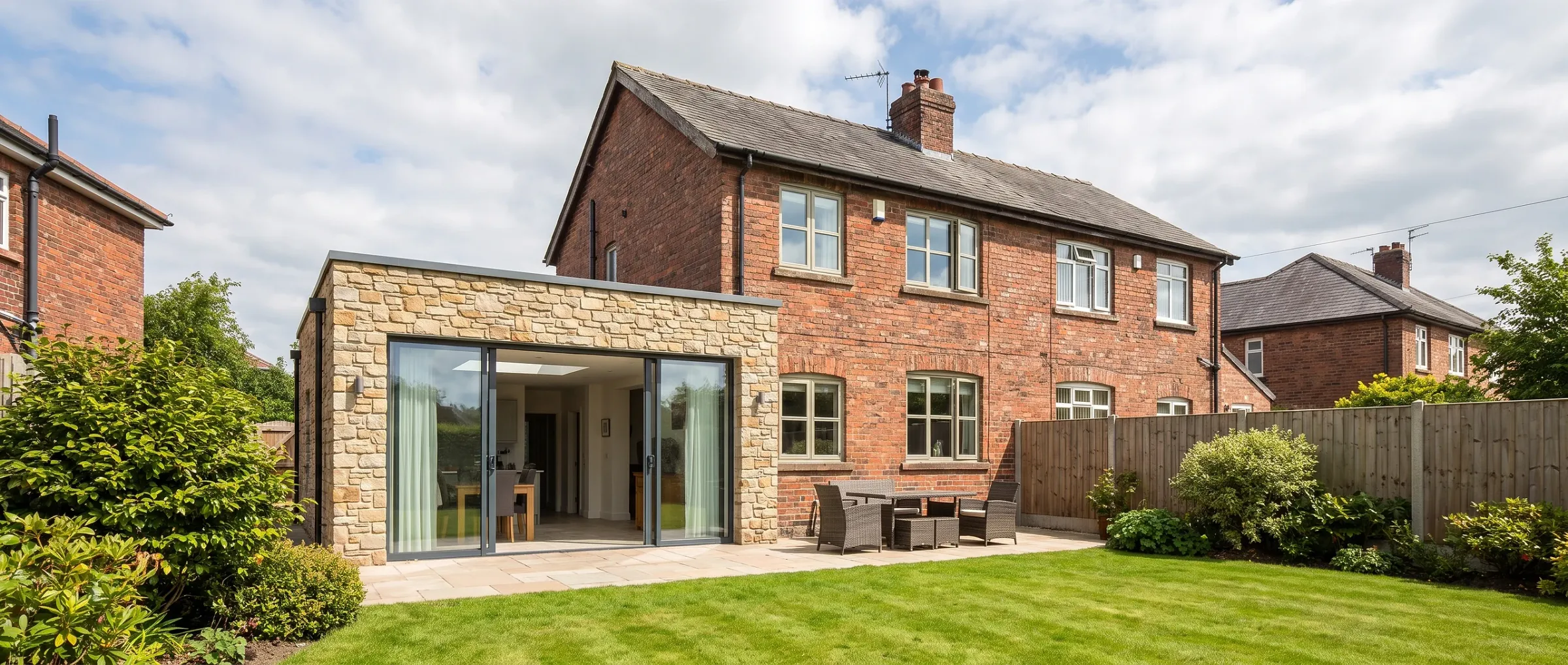 semi-detached house rear extension UK garden, the kind of home we work on around Whittle-le-Woods